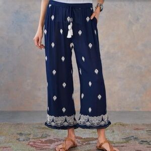 Sundance Giselle Navy Boho Embroidered Wide Leg High Rise Cropped Pants XL